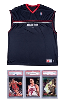 Toni Kukoc Game Used Chicago Bulls Warm Up Shirt Plus PSA GEM MT 10 Cards Trio (3 Different) (MEARS)